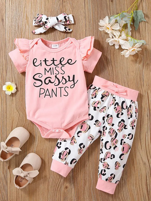Baby Girls Fly Sleeve Romper, Pants, & Bow Headband Set